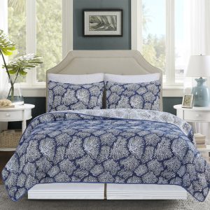 Blue Coral Jacquard Reversible Coverlet Set
