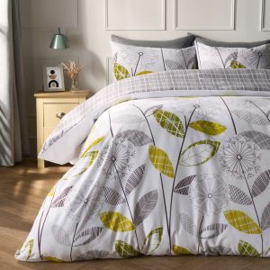 Allium Floral Tartan Check Duvet Cover Set - Grey/White