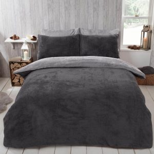 Teddy Fleece Reversible Duvet Cover Set - Charcoal/Grey