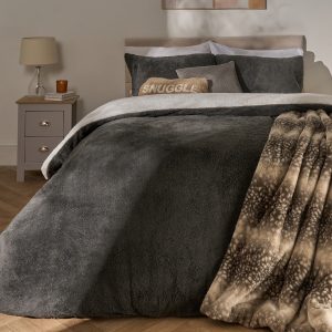 Teddy Fleece Reversible Duvet Cover Set - Charcoal/White