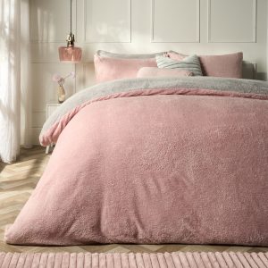 Teddy Fleece Reversible Duvet Cover Set - Blush Pink/Grey