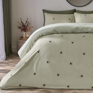 Bee Print Reversible Gingham Duvet Cover Set - Sage