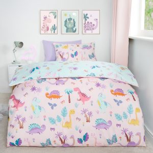 Kids Dinosaur Print Reversible Duvet Cover Set - Pink/Blue