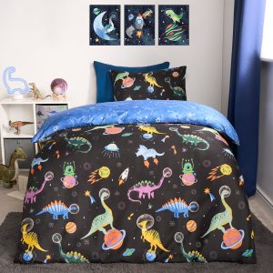 Kids Space Dinosaur Print Reversible Duvet Cover Set - Black/Blue