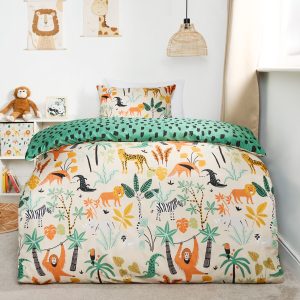Kids Safari Print Reversible Duvet Cover Set - Natural/Green
