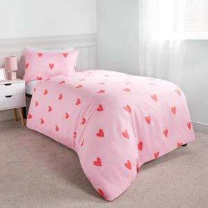 Gingham Heart Reversible Duvet Cover Set - Coral/Pink