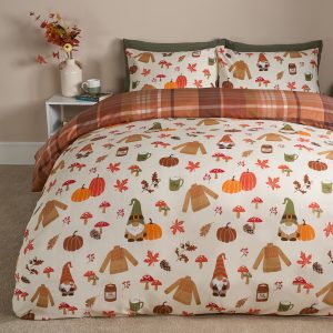 Autumnal Novelty Checked Reversible Duvet Cover Set - Cream/Rust