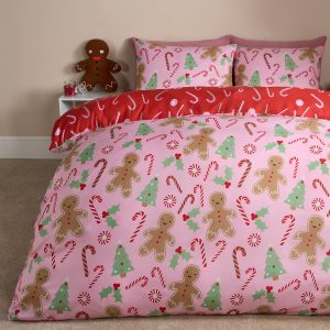 Gingerbread Man Candy Cane Reversible Duvet Set - Pink