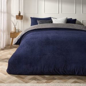 Teddy Fleece Reversible Duvet Cover Set - Navy/Grey