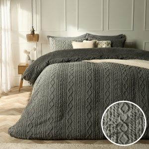 Cable Knit Sherpa Fleece Duvet Cover Set - Grey