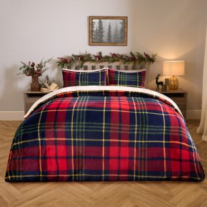 Oxford Check Fleece Duvet Set - Navy/Red