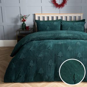 Winter Tree Tufted Teddy Fleece Duvet Cover Set - Forest Green