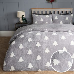 Winter Tree Tufted Teddy Fleece Duvet Cover Set - Grey/White