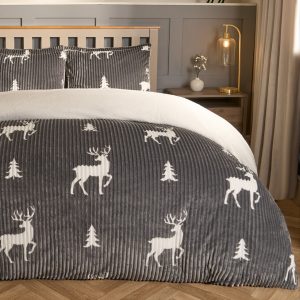 Cosy Stag Ribbed Fleece Duvet Set - Grey