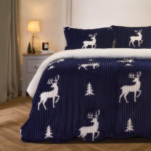 Cosy Stag Ribbed Fleece Duvet Set - Navy