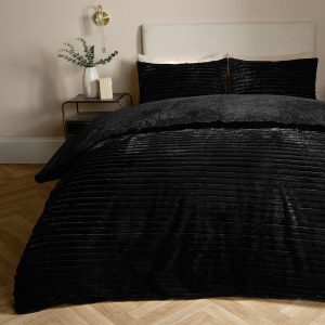 Ribbed Faux Fur Duvet Cover Set - Black
