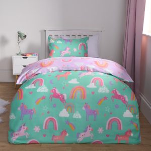 Unicorn & Rainbows Reversible Duvet Cover Set - Green/Purple