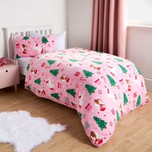 Christmas Unicorn Fleece Duvet Set, Pink - Single