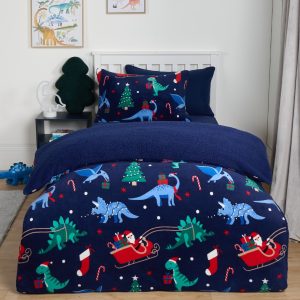 Christmas Dino Fleece Duvet Set, Navy - Single