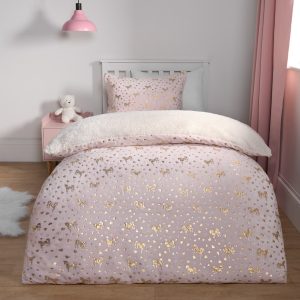 Metallic Heart & Unicorn Fleece Duvet Set - Pink