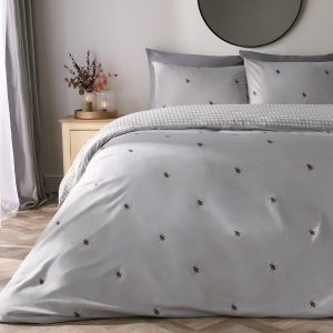 Bee Print Reversible Gingham Duvet Cover Set - Grey