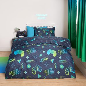 Neon Gaming Honeycomb Reversible Duvet Cover Set - Green/Blue