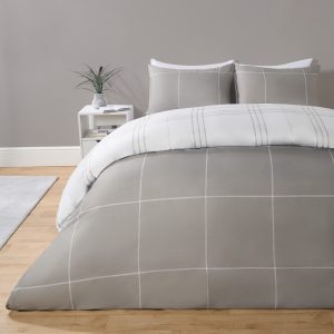 Box Checked Print Reversible Duvet Cover Set - Grey/White