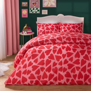 Hearts Print Duvet Cover Set - Pink/Red