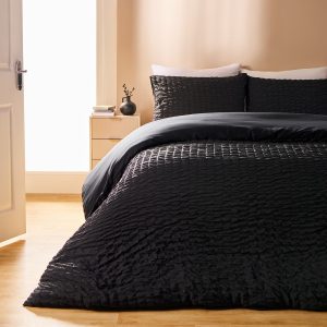 Geometric Seersucker Duvet Cover Set - Black