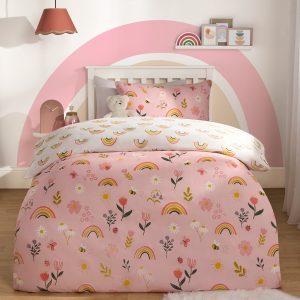 Flowers and Rainbows Print Reversible Duvet Set - Pink