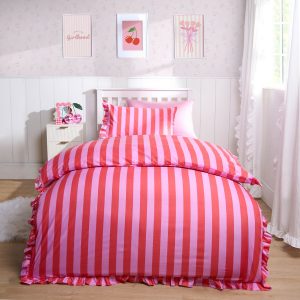 Stripe Frill Duvet Cover Set - Pink/Red