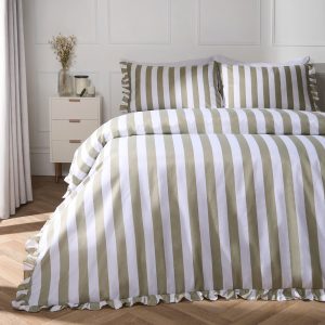 Stripe Print Frill Edge Duvet Cover Set - Sage