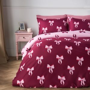Bow Duvet Cover Set - Burgundy/Pink