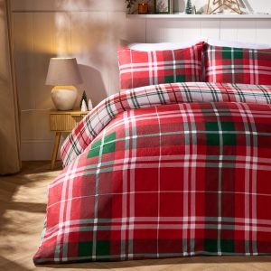 Traditional Christmas Check Brushed Cotton Duvet Cover Set - Red