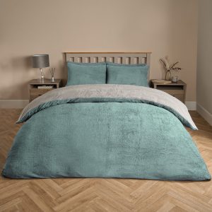 Teddy Fleece Reversible Duvet Cover Set - Duck Egg/Grey