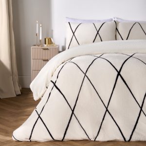 Diamond Check Teddy Fleece Duvet Cover Set - Monochrome