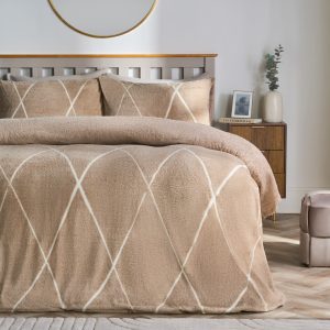 Diamond Check Teddy Fleece Duvet Cover Set - Natural