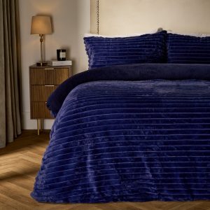 Ribbed Faux Fur Duvet Cover Set - Navy