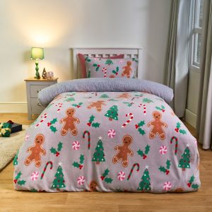 Christmas Gingerbread Fleece Duvet Cover Set - Grey