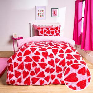 Heart Print Waffle Fleece Duvet Cover Set - Pink/Red