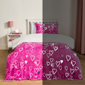 Heart Printed Glow In The Dark Duvet Set - Pink