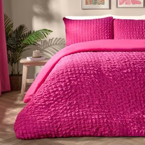 Geometric Seersucker Duvet Cover Set - Hot Pink