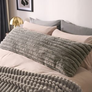 Ribbed Faux Fur Bolster Pillow - Grey