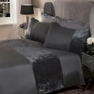 Crushed Velvet Band Duvet Set - Charcoal Grey