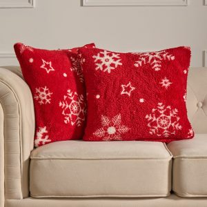 Snowflake Print Teddy Cushion Covers - Red