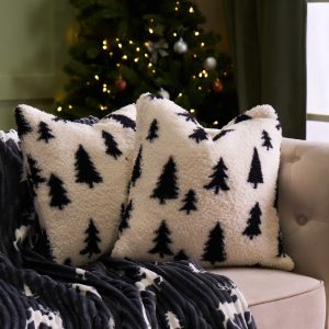 Christmas Tree Print Teddy Cushion Covers - Monochrome
