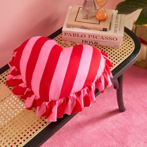 Frill Heart Shaped Stripe Cushion - Red/Pink