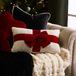 Bow Wrapped Cushion - Red/Cream