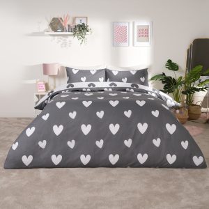 Heart Print Duvet Cover Set - Charcoal