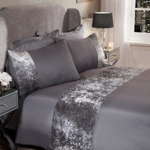Crushed Velvet Band Duvet Set - Silver Grey
